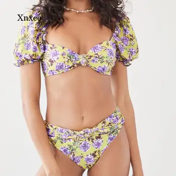 2022 nyáron új szexi bikini beach resort fürdőruha osztott bubble sleeve nyomtatott női fürdőruha