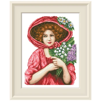 A lány a virágok, s a keresztszemes készlet nő piros ruhában 18ct 14ct 11ct fehér szövet pamut szál hímzés DIY kézzel készített kézimunka