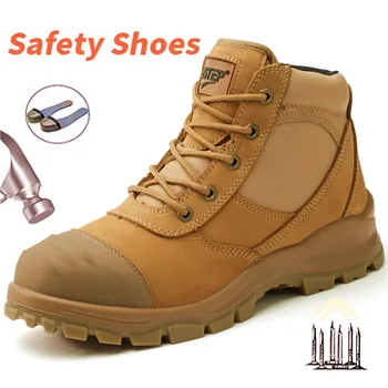 acél toe kap a biztonsági cipő dolgozni legújabb valódi bőr cipő, férfi magas boka zip