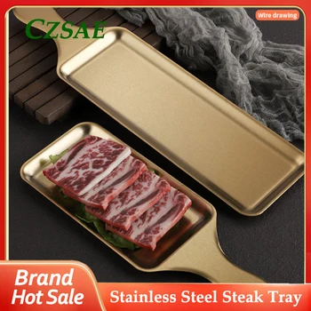 304 arany rozsdamentes acél hosszú megvastagodott lapos alsó steak vacsora tányér GRILL sushi kenyeret, tésztát tepsi konyha gyümölcstál