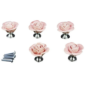 5 x Rózsaszín Ajtó, Bútor, Kerámia Antik Fogantyú Gomb Csavarok Mellékelve Elegáns Design Rózsa alakú