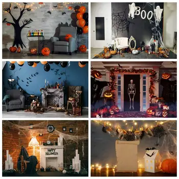 Boldog Halloween Dekoráció, Fotózás Hátteret, Elhagyatott Kunyhó Kandalló Pókháló Szellem Gyertya Koponya Léggömb Fotó Háttér