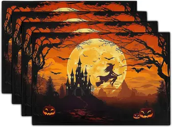 Halloween Boszorkány Vászon Placemats Készlet 4 12 x 18 Inch Bat Kastély Tök Táblázat Mat hőálló Alátét Party Étkezési Dekoráció
