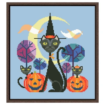 Halloween macska keresztszemes készlet pamut szál, 18ct 14ct 11ct égszínkék vászon varrás, hímzés DIY