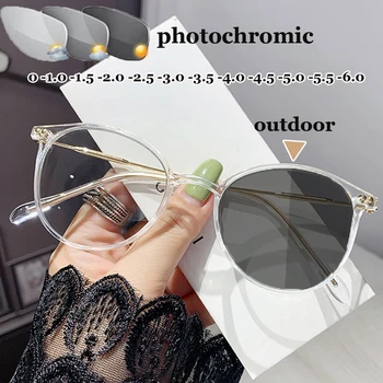 Kültéri Photochromic Rövidlátás Szemüveg Női Férfi Divat Kerek színváltó Mínusz Kész Szemüveg Optikai Szemüveg Dioptria