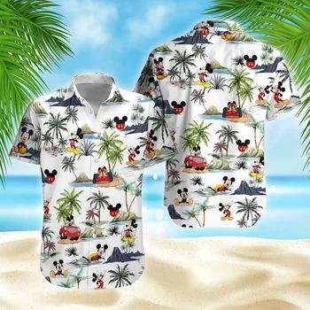 Mickey And Minnie Utazás Hawaii Ing, Nyári Divat Gomb Rövid Ujjú Póló Férfi Női Felsők Disney Hawaii Tengerparton Ing