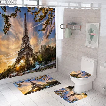 Párizsi Utcai Jelenet Eiffel-Torony zuhanyfüggöny Fürdőszobai Kiegészítők Szövet Fürdő Függöny Wc Fedelét csúszásgátló Szőnyegek Szőnyeg