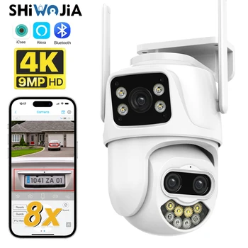 SHIWOJIA 9MP 4.5 K PTZ Wifi IP Kamera Három Objektív 8X Kettős Képernyő Emberi Érzékeli Auto Tracking Kültéri CCTV Felügyeleti iCSee CAM