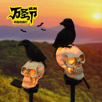 Új Kreatív Napelemes Lámpa Gyanta Kerti Dekoráció Halloween Varjú Koponya Alakú Kültéri Vízálló Villa Kert, Táj Fény Ajándék